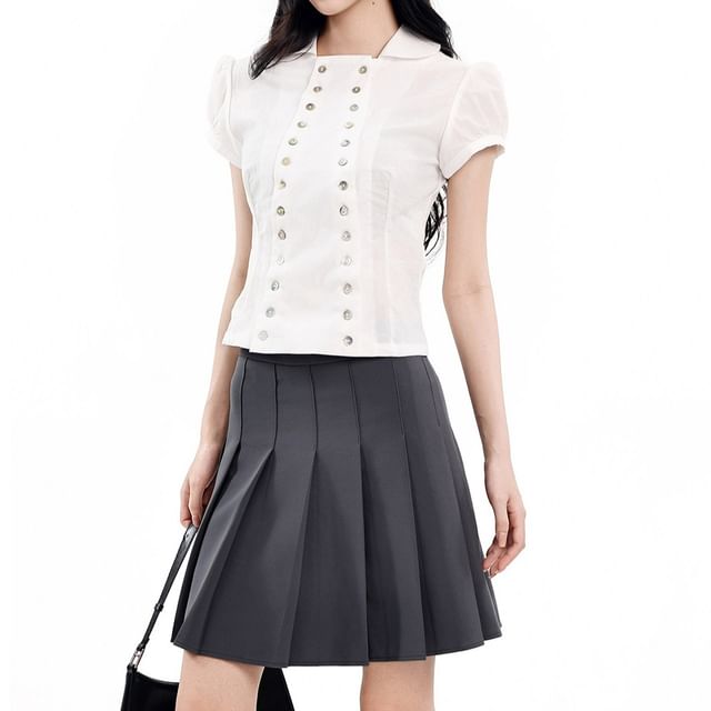 AXEN-Short-Sleeve Collared Plain Button Up Blouse