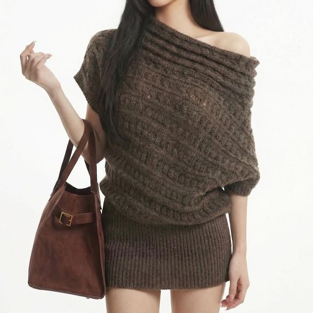 AXEN-Short-Sleeve Off-Shoulder Plain Asymmetrical Cable Knit Mini Sheath Dress