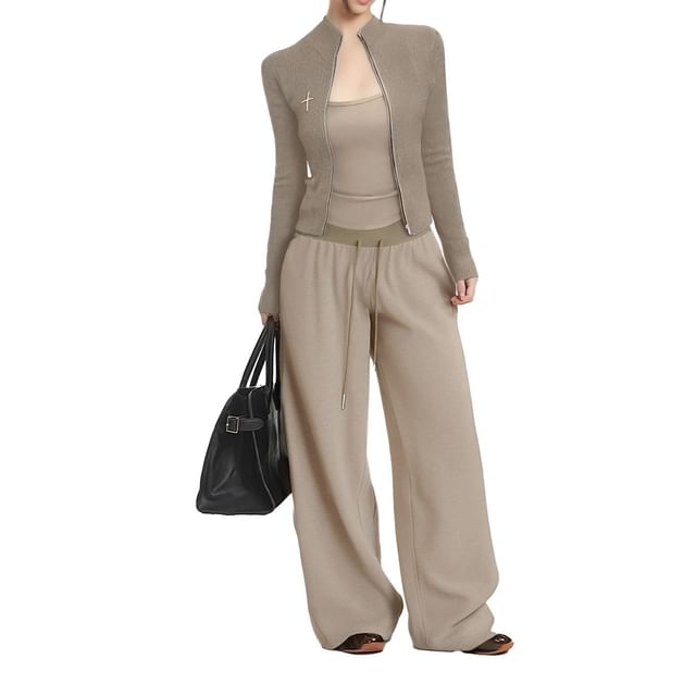 AXEN-Stand Collar Plain Zip Jacket Drawstring Waist Plain Wide Leg Pants Plain Camisole Top