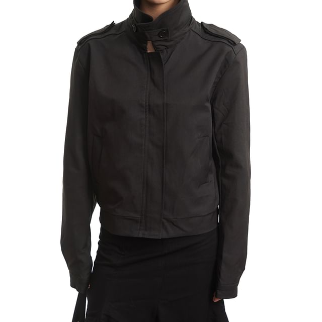 AXEN-Stand Collar Zip-Up Plain Crop Jacket