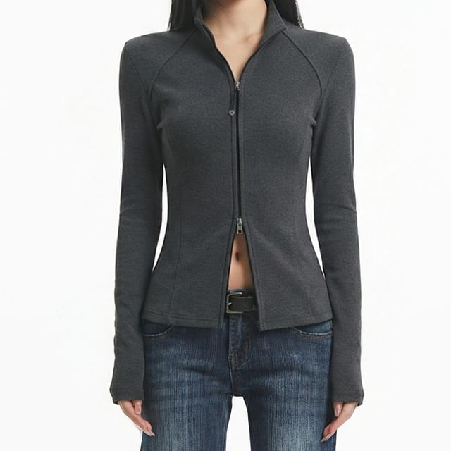 AXEN-Stand Collar Zip-Up Plain Slim Fit Jacket