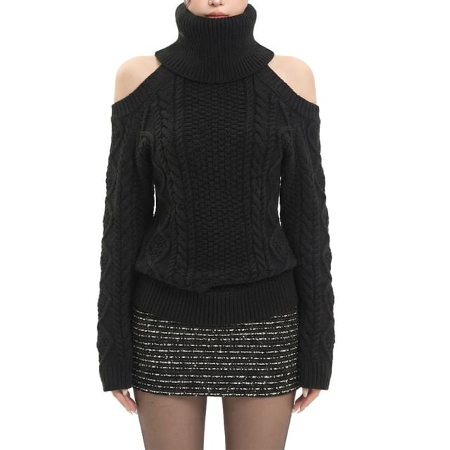 AXEN-Turtleneck Cold Shoulder Plain Cable Knit Sweater Glitter Mini Pencil Skirt