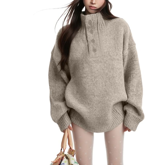 AXEN-Turtleneck Henley Melange Oversized Sweater