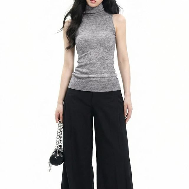 AXEN-Turtleneck Plain Knit Tank Top