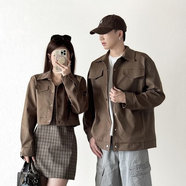 Azure-Couple Matching Collared Barn Jacket Tartan Check Mini Skirt