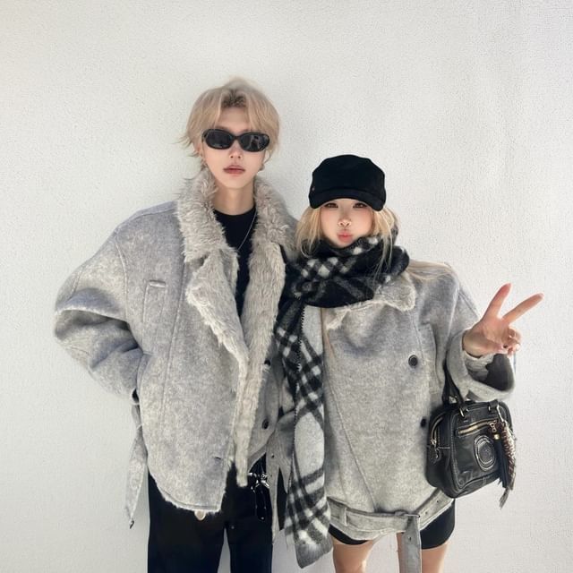 Azure-Couple Matching Collared Double Breasted Plain Crop Jacket