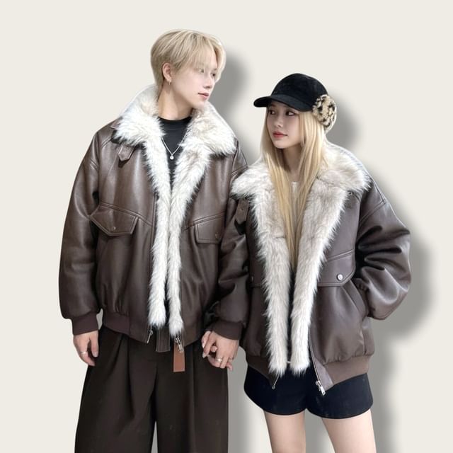 Azure-Couple Matching Collared Fleece-Lined Zip-Up Jacket