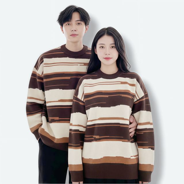 Azure-Couple Matching Crew Neck Color Block Sweater