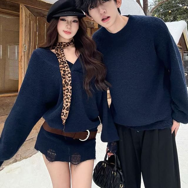 Azure-Couple Matching Crew Neck Plain Sweater V-Neck Distressed Mini Sheath Sweater Dress Leopard Print Scarf Belt Set