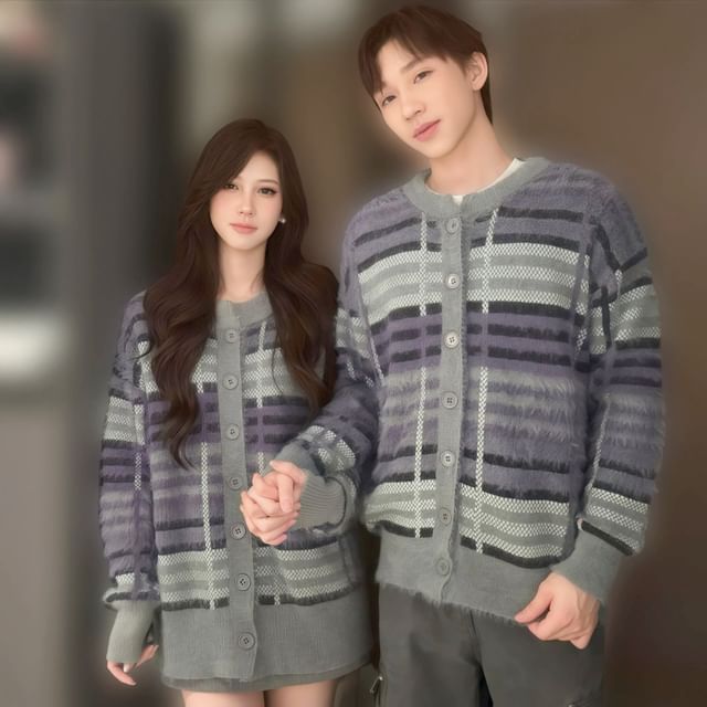 Azure-Couple Matching Crew Neck Striped Button-Up Cardigan
