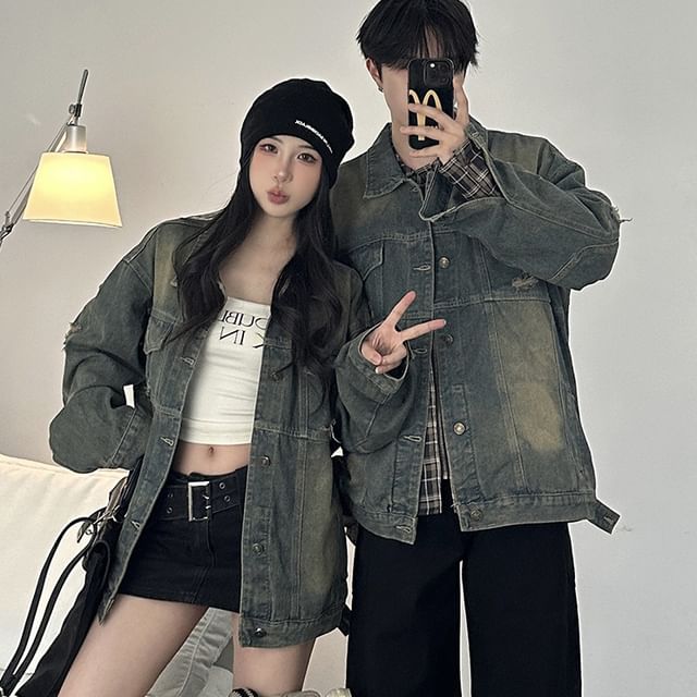 Azure-Couple Matching Distressed Denim Jacket