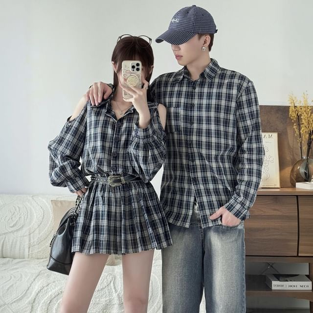 Azure-Couple Matching Long Sleeve Cold Shoulder Collared Plaid Mini A-Line Shirt Dress Long Sleeve Collared Shirt