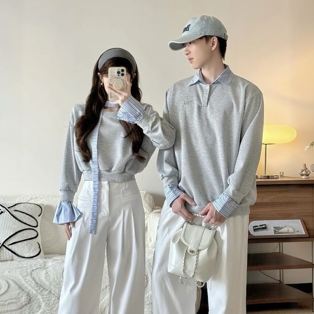 Azure-Couple Matching Mock Two-Piece Gradient Sweater