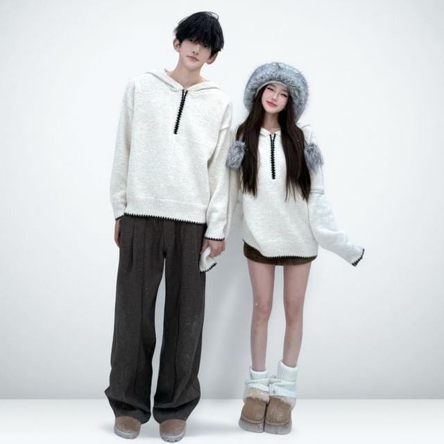 Azure-Couple Matching Plain Knit Hoodie