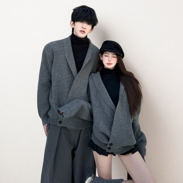 Azure-Couple Matching Plain Wrapped Cardigan