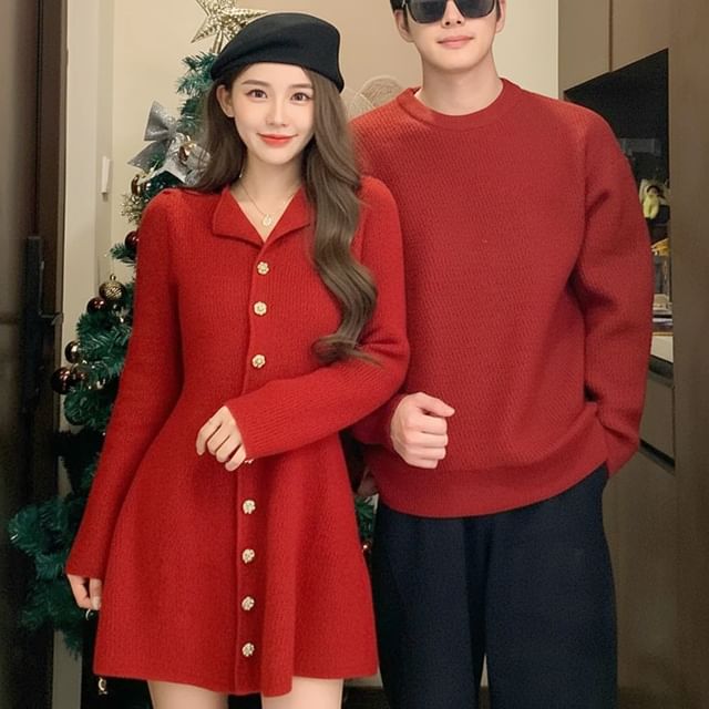 Azure-Couple Matching Round Neck Plain Sweater Long-Sleeve Split Neck Button-Up Mini A-Line Knit Dress
