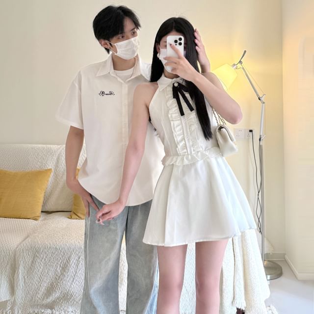 Azure-Couple Matching Short-Sleeve Collared Button Up Shirt Halter Neck Collared Ruffle Trim Mini A-Line Dress