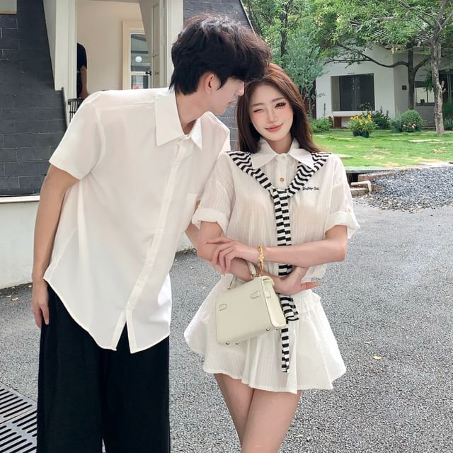 Azure-Couple Matching Short-Sleeve Plain Button-Up Shirt