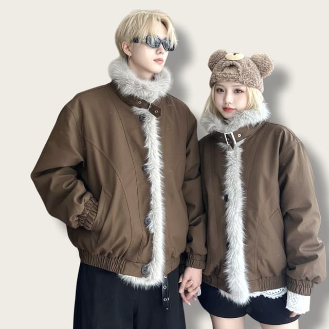 Azure-Couple Matching Stand Collar Fleece-Lined Button-Up Jacket