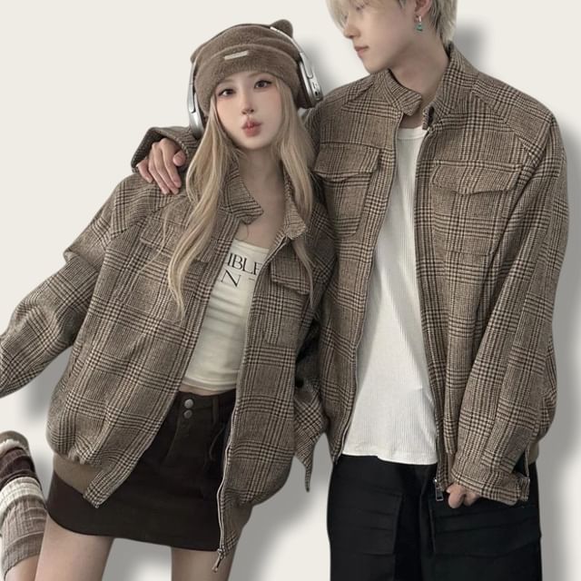 Azure-Couple Matching Stand Collar Houndstooth Zip-Up Jacket