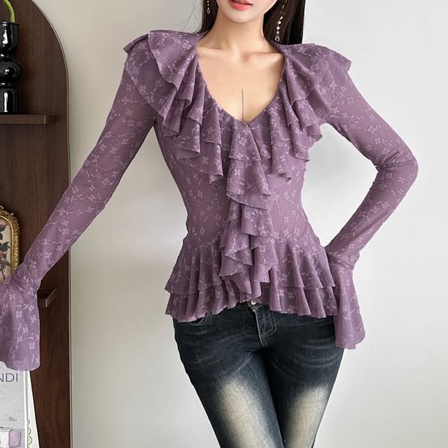 Bababy-Bell Sleeve V-Neck Plain Ruffle Lace Blouse