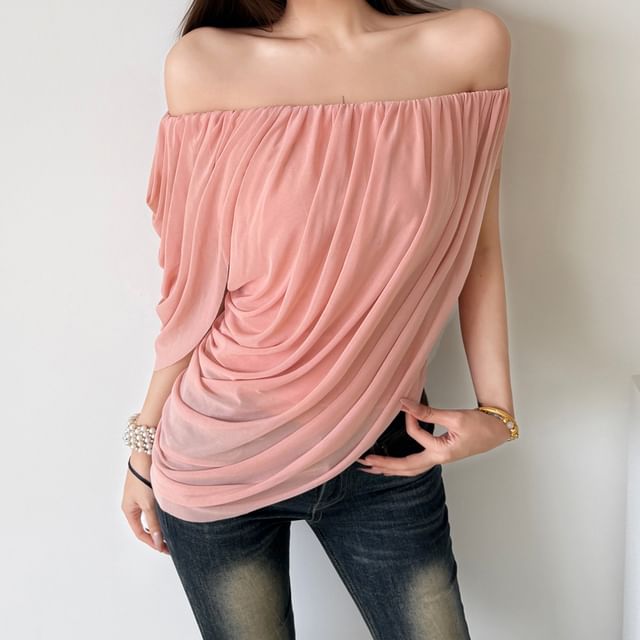 Bababy-Cap Sleeve Off Shoulder Plain Ruched Asymmetrical Mesh Top