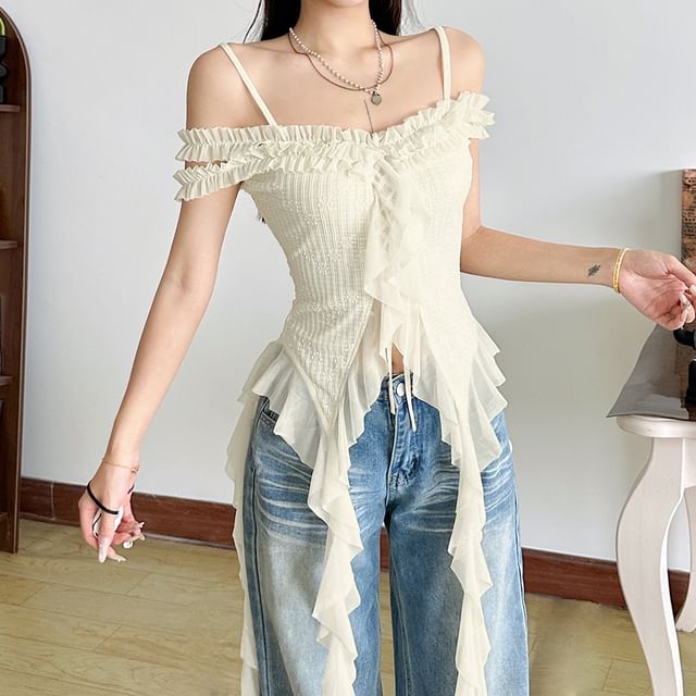 Bababy-Cold-Shoulder Plain Ruffled Asymmetrical Blouse
