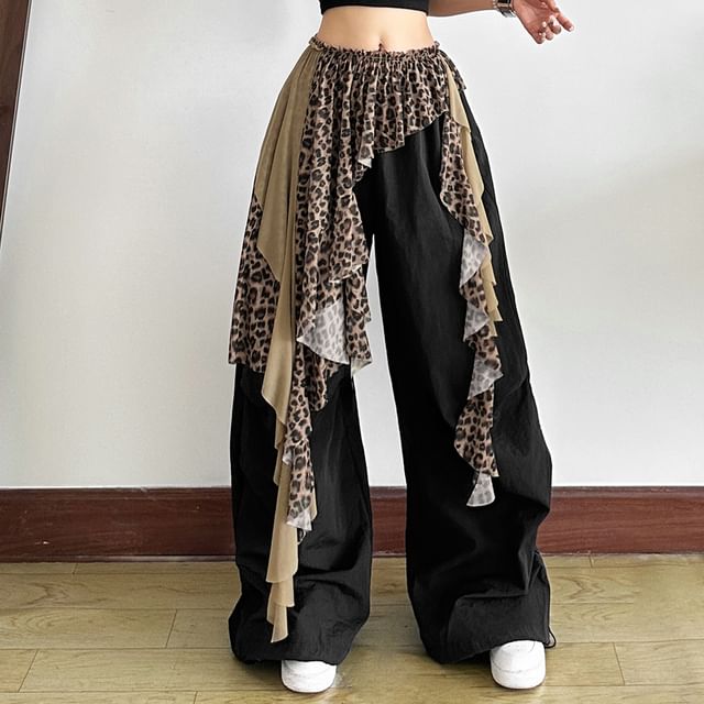 Bababy-Elastic Waist Leopard Print Panel Mesh Overlay Skirt