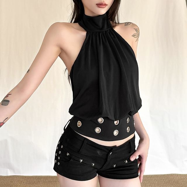 Bababy-Halter Mock Neck Plain Grommet Top