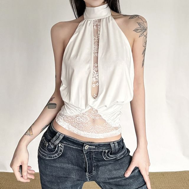 Bababy-Halter Mock Neck Plain Panel Lace Top