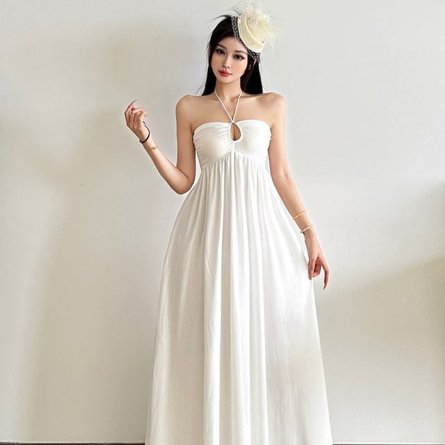 Bababy-Halter Neck Plain Maxi A-Line Dress