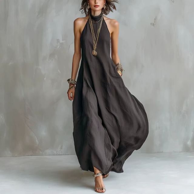 Bababy-Halter-Neck Plain Midi A-Line Dress