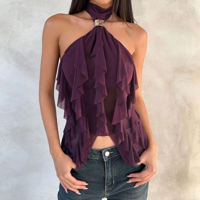 Bababy-Halter Neck Plain Ruffle Trim Crop Camisole Top