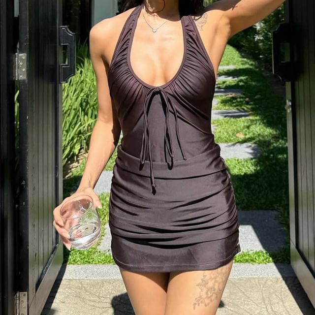 Bababy-Halter-Neck Plain Shirred Mini Bodycon Dress
