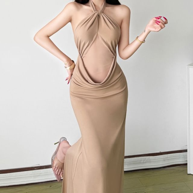 Bababy-Halter Neck Sheer Plain Maxi Sheath Dress