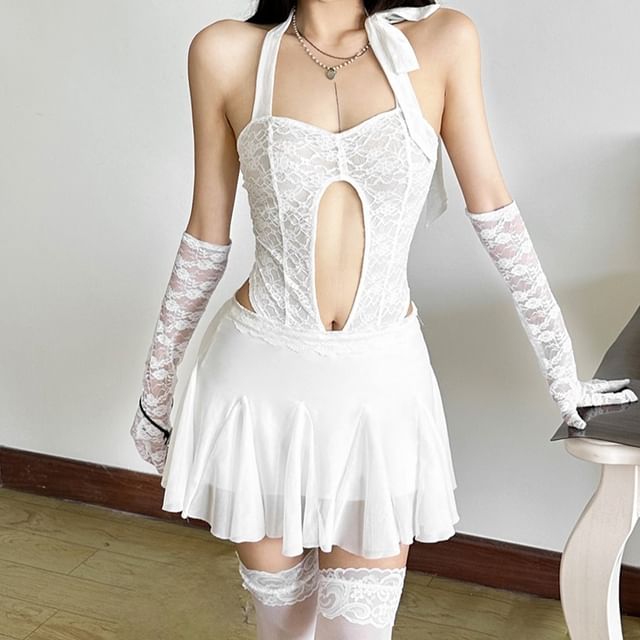 Bababy-Halter Plain Cutout Lace Bodysuit Top