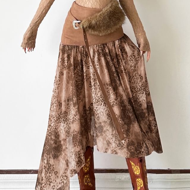 Bababy-High Rise Leopard Print Asymmetrical Panel Midi A-Line Skirt