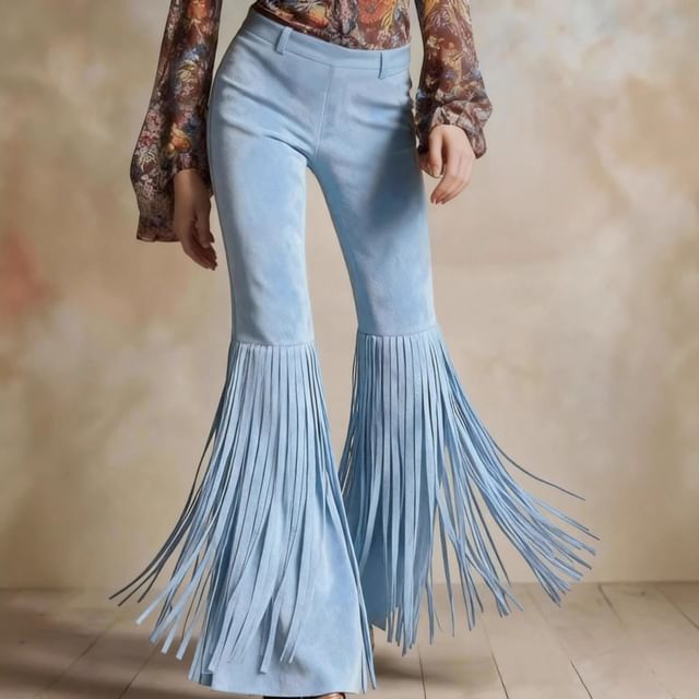 Bababy-High Waist Plain Tasseled Flared Pants