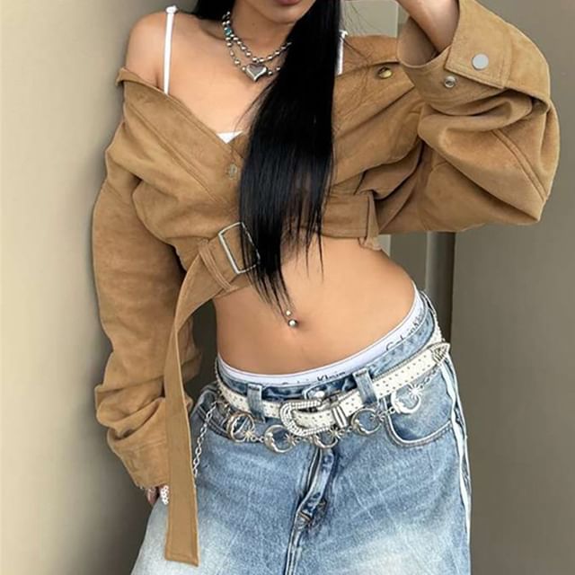 Bababy-Long-Sleeve Belted Polo-Neck Crop Pullover