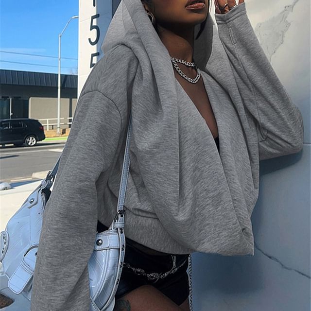 Bababy-Long-Sleeve Cowl Neck Plain Crop Hoodie