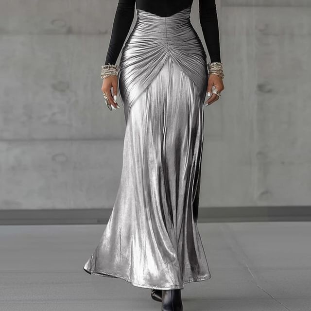 Bababy-Long-Sleeve Crew Neck Two Tone Ruched Maxi Sheath Dress