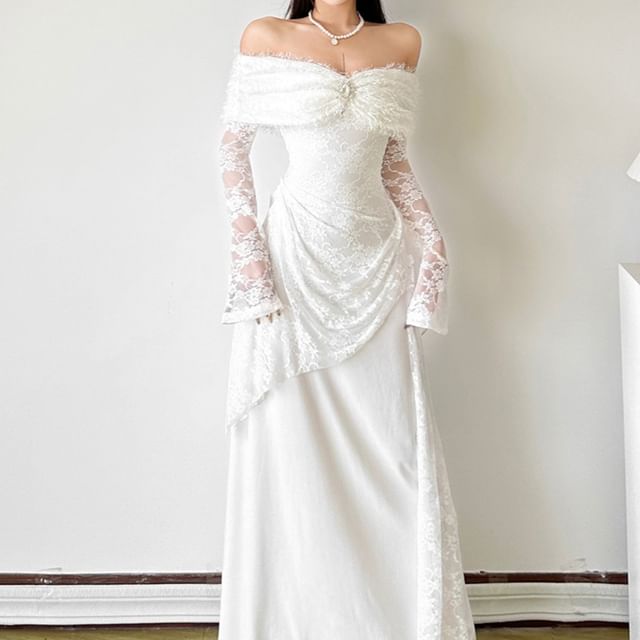 Bababy-Long Sleeve Off Shoulder Plain Ruched Panel Lace Maxi A-Line Dress