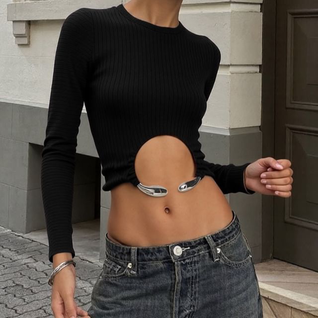 Bababy-Long-Sleeve Round Neck Plain Asymmetrical Cropped Tee
