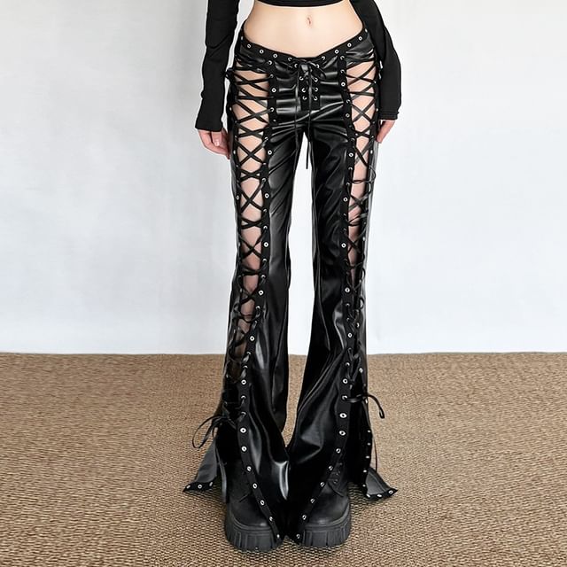 Bababy-Low Rise Plain Cutout Lace-Up Flared Pants