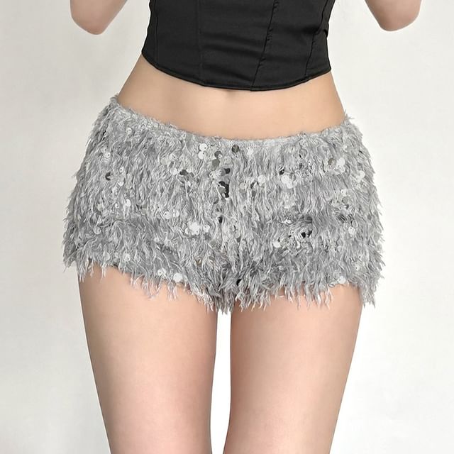 Bababy-Low Rise Plain Sequin Fringe Hot Pants