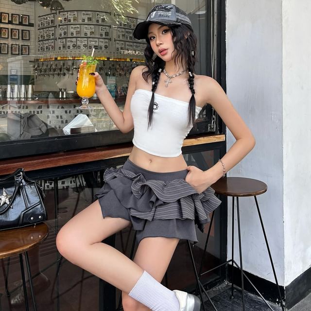 Bababy-Low Waist Striped Mini Tiered Skirt