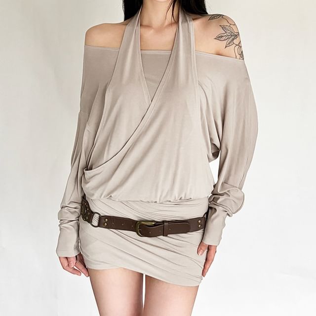 Bababy-Mock Two-Piece Cold-Shoulder Puff-Sleeve Plain Mini Bodycon Dress