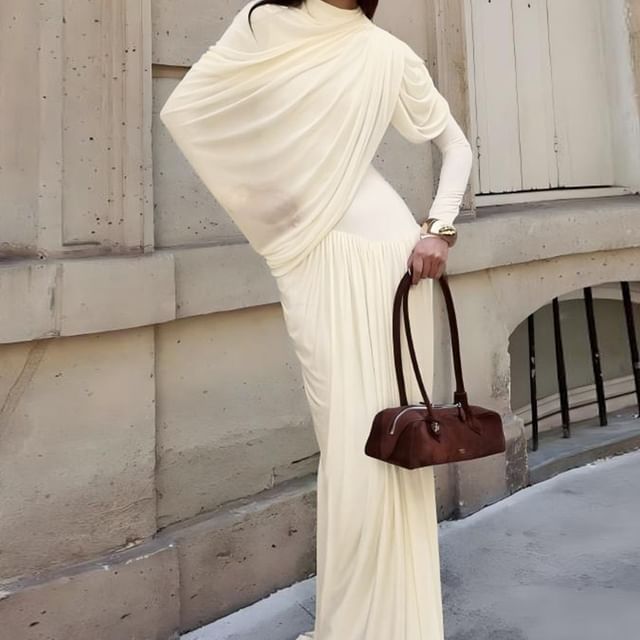 Bababy-Mock Two-Piece Long-Sleeve High Neck Plain Asymmetrical Maxi Mermaid Dress