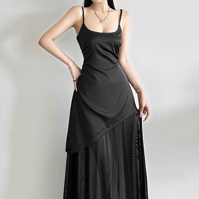 Bababy-Mock Two-Piece Spaghetti Strap Plain Mesh Panel Maxi A-Line Dress