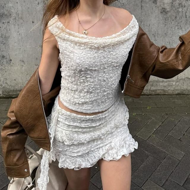 Bababy-Off Shoulder Lace Crop Top Mini Skirt
